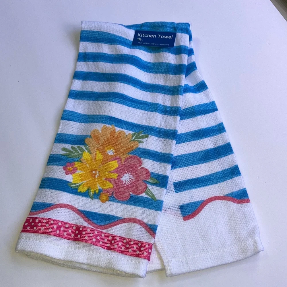 FLOWERS IN BLOOM Kitchen Towel NAUTICAL STRIPES FLOWERS NEW 14 x 24 inches